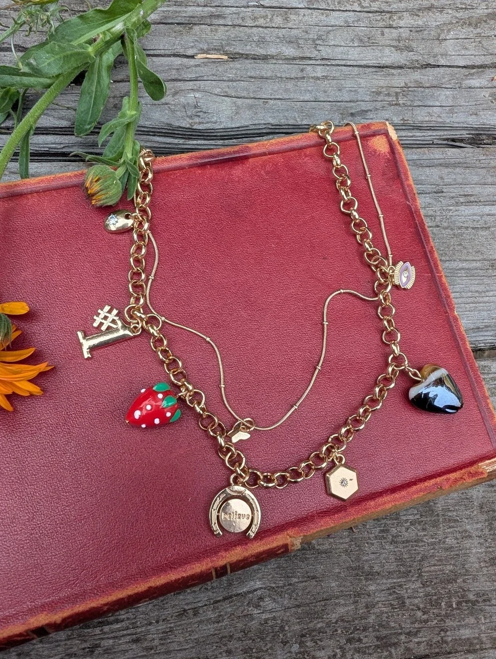 Gold-Tone Charm Necklace with Red Strawberry and Glass Heart